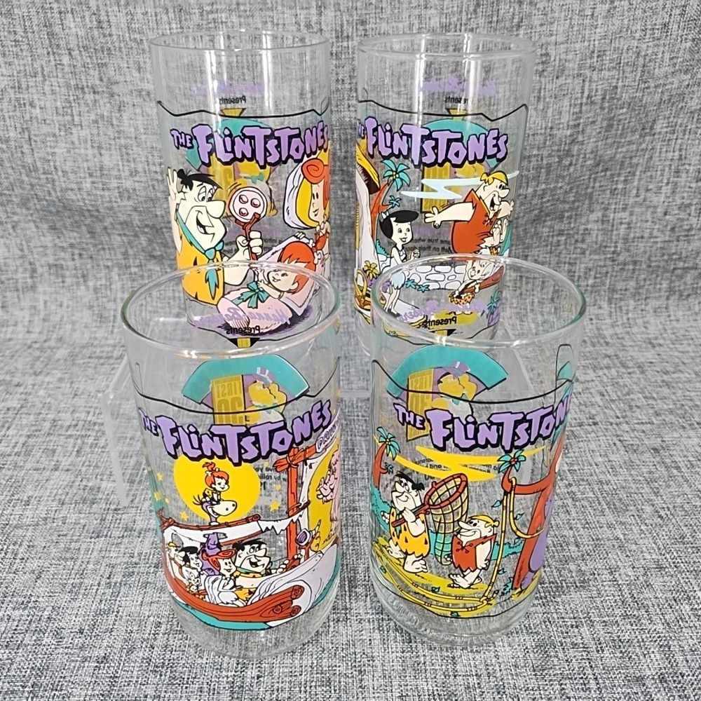 1991 Flintstones First 30 Years Hardees Set of 4 Drinking Glasses Hanna-Barbera